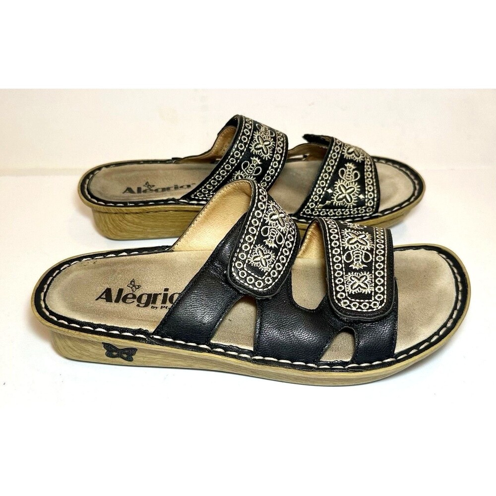 Alegria Violette Sandals Sew Cool Black EU 38 US 8 8.5 Comfort Slide Embroidered